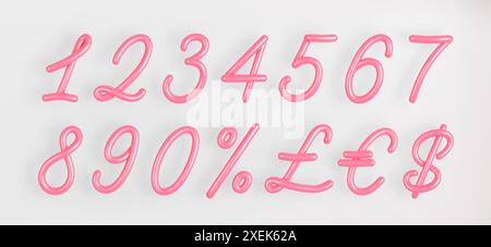 3D Pink Script Number Set 1,2,3,4,5,6,7,8,9,zero,dollar, pound, euro and percentage symbol on light background. Stock Vector