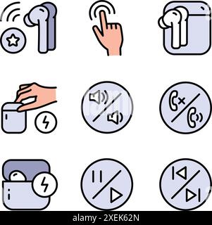 Wireless earbud color icons set. Vector flat icon for web design isolated on white background. Stock Vector