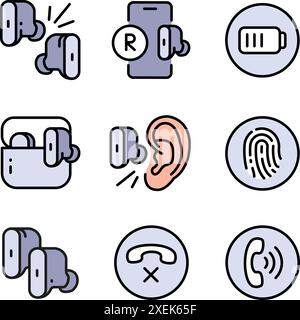 Wireless earbud color icons set. Vector simple icon for web design isolated on white background. Stock Vector