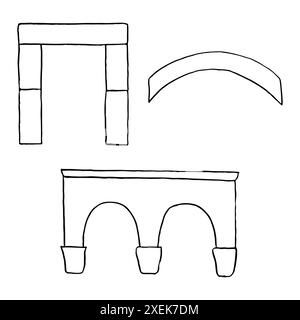 Colonnade and antique stone arches from Ancient Greece and the Roman Empire vector illustration set. Black and white line architectural elements in si Stock Vector