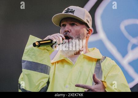 Copenhagen, Denmark. 20th, June 2024. The American nu metal band Limp Bizkit performs a live concert during the Danish heavy metal festival Copenhell 2024 in Copenhagen. Here vocalist and rapper Fred Durst is seen live on stage. Stock Photo
