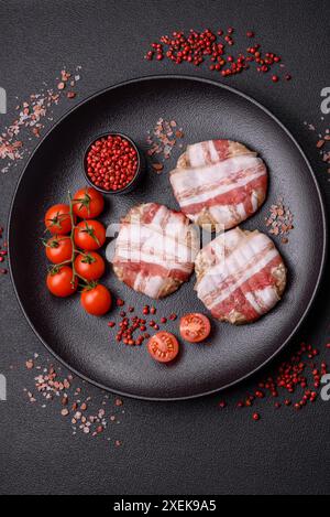 Round minced chicken or pork cutlet wrapped in bacon with salt Stock Photo