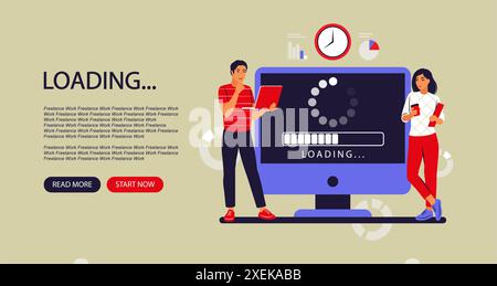Update concept. Programmers upgrading operation system of computer. Landing page. Vector illustration. Flat Stock Vector