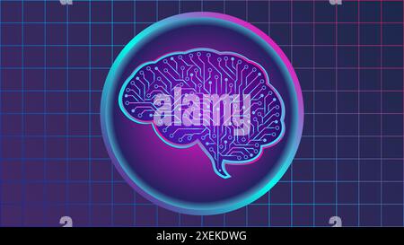 Vector illustration of Artificial Intelligence in neon color, featuring a circle and brain with electrical circuit as graphic elements. Stock Vector