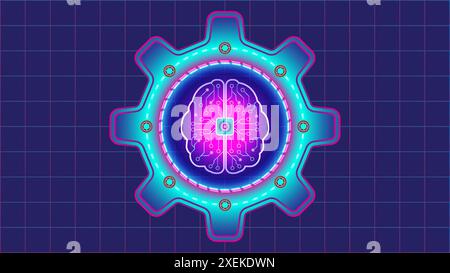 Vector illustration of Artificial Intelligence in neon color, featuring a gears, brain with CPU and electrical circuit as graphic elements. Stock Vector