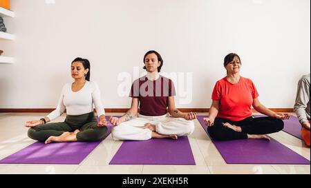 Yogi people practicing yoga lesson. Breathing and meditation in Lotus pose in group. Close up of hands. Well being, wellness concept. Indoors Workout Stock Photo