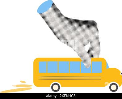 Halftone hand holding yellow school bus collage vector illustration Stock Vector