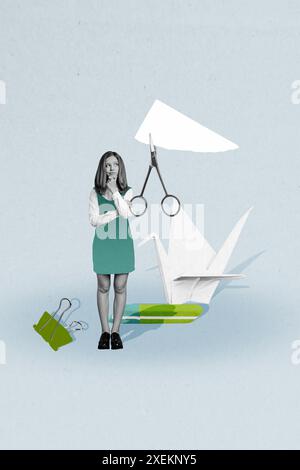 Vertical photo collage of minded teenage schoolgirl origami lesson preparation scissors cut paper swan bird isolated on painted background Stock Photo