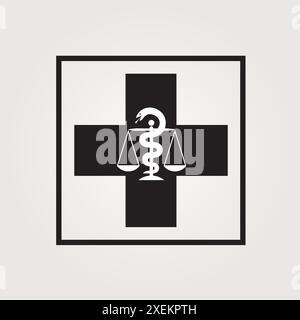 Swiss Pharmacy Icon with Caduceus Symbol in Black and White Colors - Swiss Cross Symbol in Square Stock Vector