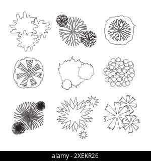 Set of Nine Tree Icons - Black and White - Graphic Elements for Landscape Design, Planning and Architecture Stock Vector