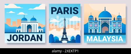 Cityscapes with landmarks from Jordan Paris and Malaysia featuring iconic architecture against colorful backdrops and clouds Stock Vector