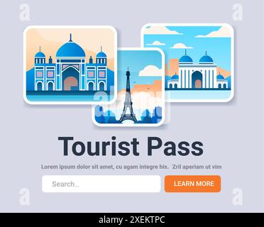 Travel landmarks illustration featuring iconic structures in a modern flat style Eiffel Tower Taj Mahal tourist attractions Stock Vector