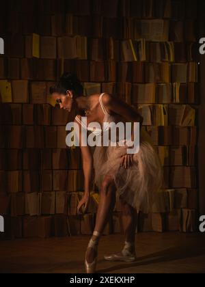 Ballerina in pointe shoes against a bookshelf. Ballet poses Stock Photo
