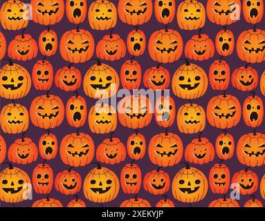 Halloween background with funny pumpkins on a purple background Stock Vector