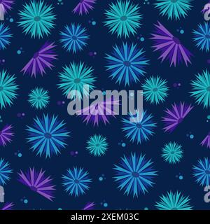 Simple vector floral pattern of blue and purple cornflowers on dark blue background. Seamless pattern. Stock Vector