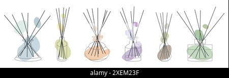 Set of aroma diffusers in jar with wooden Bamboo sticks for the home. Doodle sketch style. Linear simple diffuser with Abstract color shapes, hand dra Stock Vector