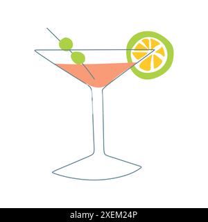 Illustration with glass of Martini in Flat design style. Outline Vacation and Bar drink with Olives and Citrus Slime. Color Vector Graphic Art isolate Stock Vector