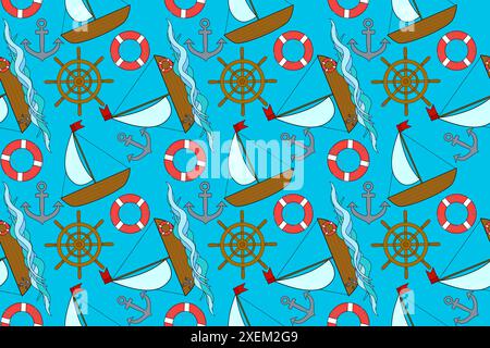 A seamless nautical pattern featuring boats, anchors, lifebuoys, ship helms, and waves. Ideal for summer, maritime themes, and holiday designs. Stock Vector