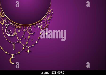 Mystic celestial golden frame with stars, floral, crescent, and copy space in boho style. Ornate magical banner with a place for text. gold border Stock Vector