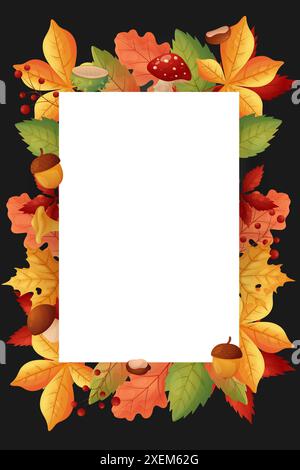 Autumn frame of leaves, mushrooms and berries. Template. On a black background vector. Stock Vector