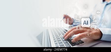 Artificial intelligence, AI and machine learning concept with icons and businessman with laptop Stock Photo