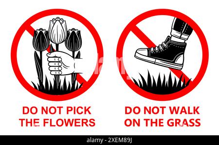 Do not walk on grass lawn, no allowed pick garden flower, prohibition foot shoes step on green plant. Forbidden pluck botanical herb warning stop sign Stock Vector