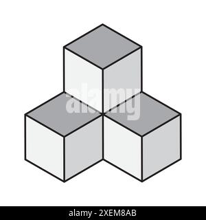 Geometric cube stack. Black outline vector. Minimalistic 3D design. Grey and white blocks. Stock Vector