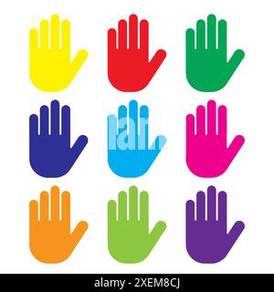 Colorful hand icons. Nine different colors. Isolated vector illustration. Simple flat design. Stock Vector