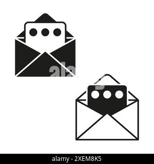 Email icon set. Black and white. Envelope and letter. Vector illustration. Stock Vector