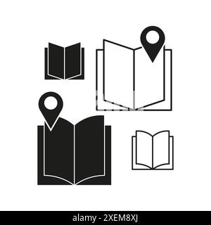 Book location icons. Black and white. Open book with map pin. Simple vector symbols. Stock Vector