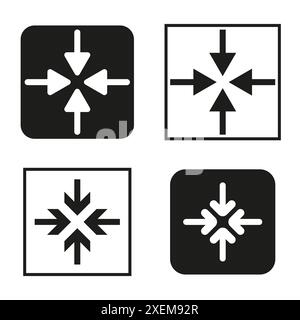 Arrows pointing center. Black and white icons. Geometric vector shapes. Directional symbols. Stock Vector