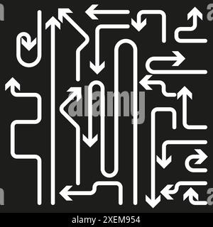 Abstract arrow pattern. White arrows maze. Black background design. Vector illustration. Stock Vector