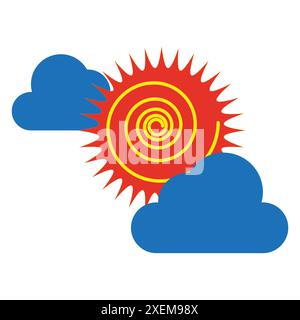 Abstract Sun and Clouds Illustration. Bright Red Sun with Yellow Spiral and Blue Clouds. Vector Design. Stock Vector
