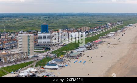 Aerial drone photo of the boulevard and beach in the coastal town of Zandvoort in the Netherlands. Stock Photo