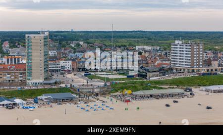 Aerial drone photo of the boulevard and beach in the coastal town of Zandvoort in the Netherlands. Stock Photo