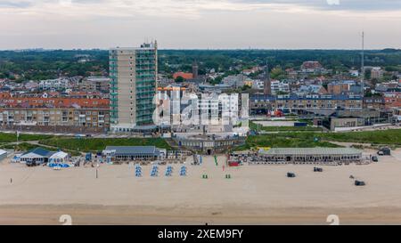 Aerial drone photo of the boulevard and beach in the coastal town of Zandvoort in the Netherlands. Stock Photo