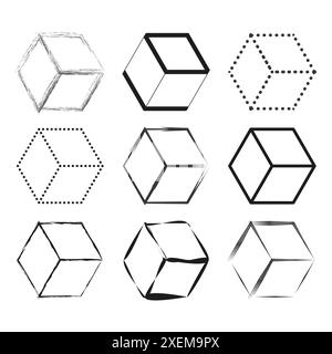 Geometric Cubes Collection. Hand Drawn and Dotted Cube Variations. Vector Illustration. Stock Vector