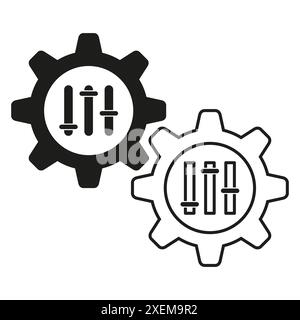 Settings adjustment icon. Gears in sync. Vector mechanical parts. Black outline style. Stock Vector