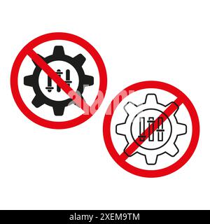 No settings icons. Red prohibition circles. Gear with controls. Vector illustration set. Stock Vector