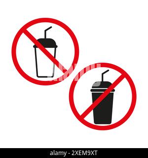 No drinks icon. Red prohibition circle. Beverage with straw banned. Black and white vector. Stock Vector