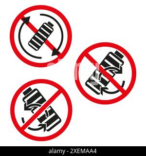 No battery recharge icons. Red prohibition symbols. Black and white vector. Energy restriction sign. Stock Vector