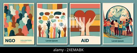 Volunteer people group concept flyer brochure poster editable template.Multicultural diverse people with around the earth. Raised hand. Holding heart Stock Vector