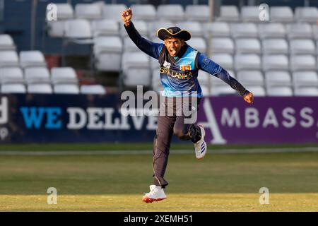 Sri Lanka's Diniru Abeywickramasingha celebrates after Hivin Kenula (not pictured) takes the wicket of England's Noah Thain (not pictured) during the first Youth One-Day International match at the Cloud County Ground, Chelmsford. Picture date: Thursday June 28, 2024. Stock Photo