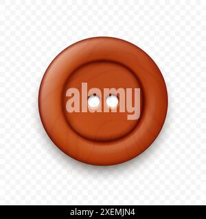 Vector Brown Color Wooden Two Holes Clothes Button Closeup, Isolated on White Background with Reflection. Round Button, Front View Stock Vector