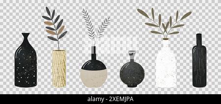 Stylized vases with abstract plant designs in neutral colors on a transparent background. Wall art with nordic vase and plants for a rustic aesthetic. Stock Vector