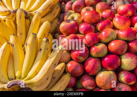 Berna Bugh, Kangan, India. Fresh bananas and apples at a market in a village of Jammu and Kashmir. Stock Photo