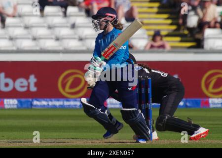 Chester le Street, 26 June 2024. Tammy Beaumont batting for England against New Zealand in the First Metro Bank One Day International at Seat Unique Riverside. Credit: Colin Edwards Stock Photo