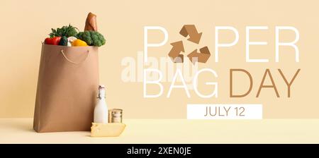 Banner for Paper Bag Day with different fresh products Stock Photo