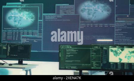 High tech empty surveillance room for cyber security monitoring. Governmental agency protecting against cyber threats, cybercrime and data breaches with advanced technology. Hybrid warfare. Camera A. Stock Photo