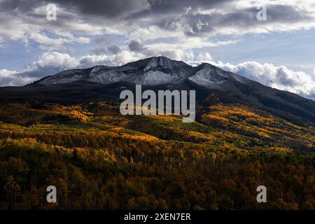 Scenic vista of fall colored forest on the slopes in front of snow-capped mountain peaks under grey clouds and a blue sky in the distance Stock Photo